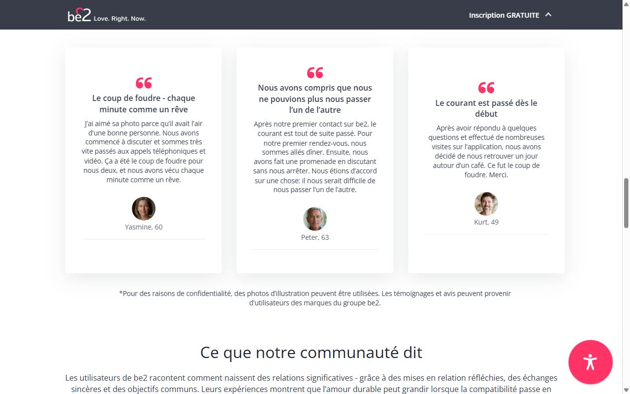 Page de fr.be2.ch, témoignages et pied de page