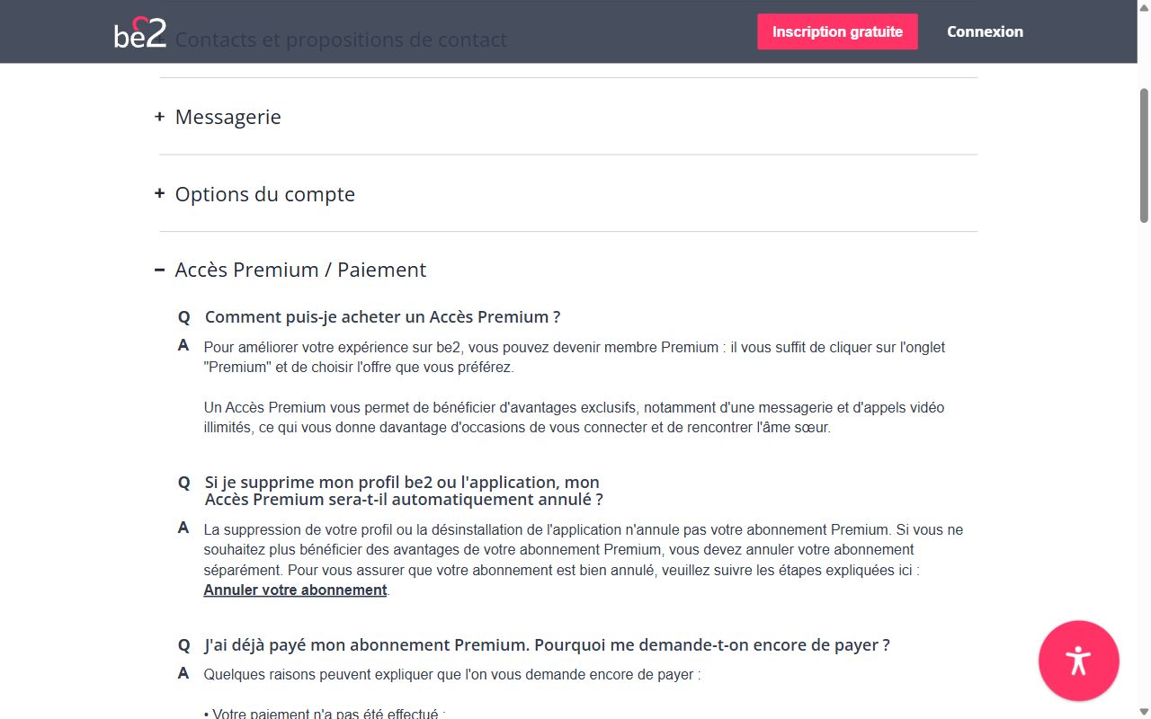 FAQ be2, rubrique Accès Premium et paiement